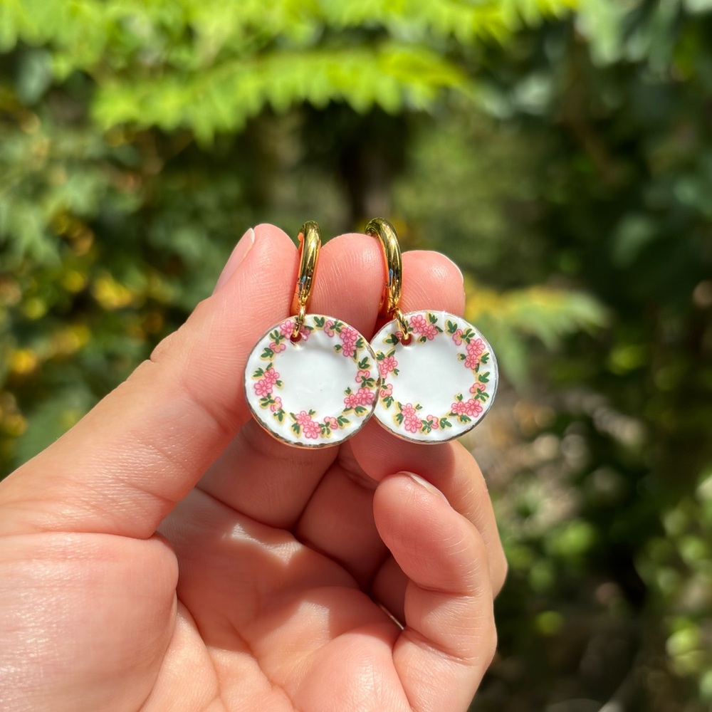 18K Gold Plated Stainless Steel Porcelain Plate Hoop Earrings